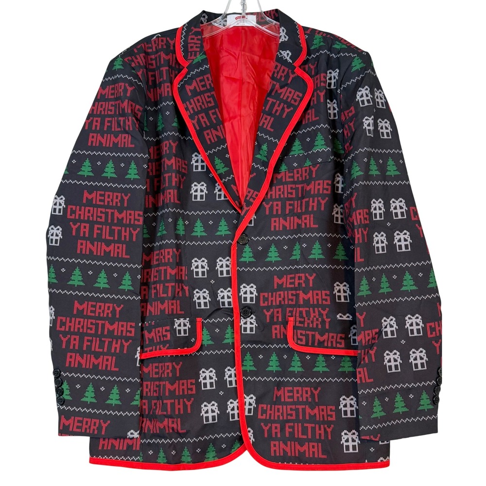 Merry Christmas Ya Filthy Animal Blazer Jacket Black •M 38-40• Ugly Xmas Tacky